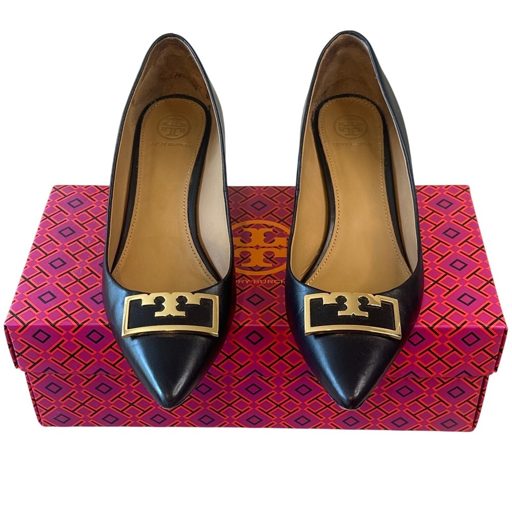 Tory Burch Gigi 55mm Wedge Pumps Black Leather Gold Logo Size 7.5